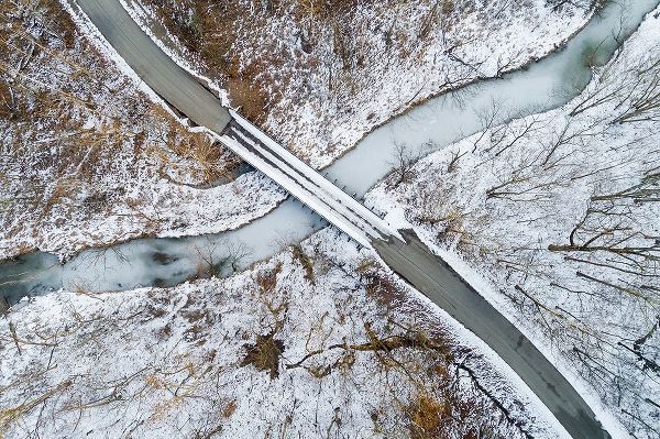 Aerial view of winter forest-bridge-and creek Stephen A Forbes State Park-Marion County-Illinois